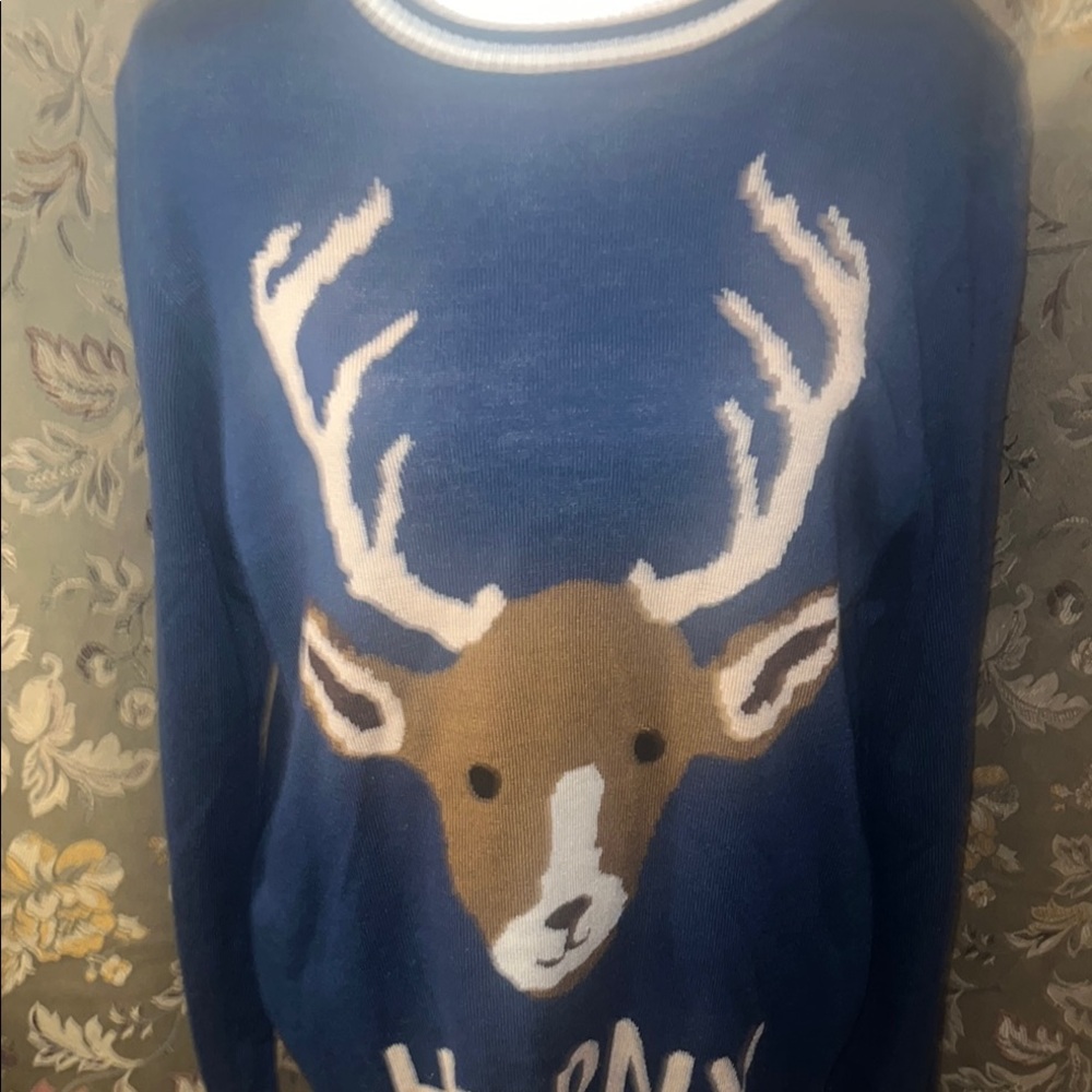 Tipsy Elves Blue Deer animal Sweater L